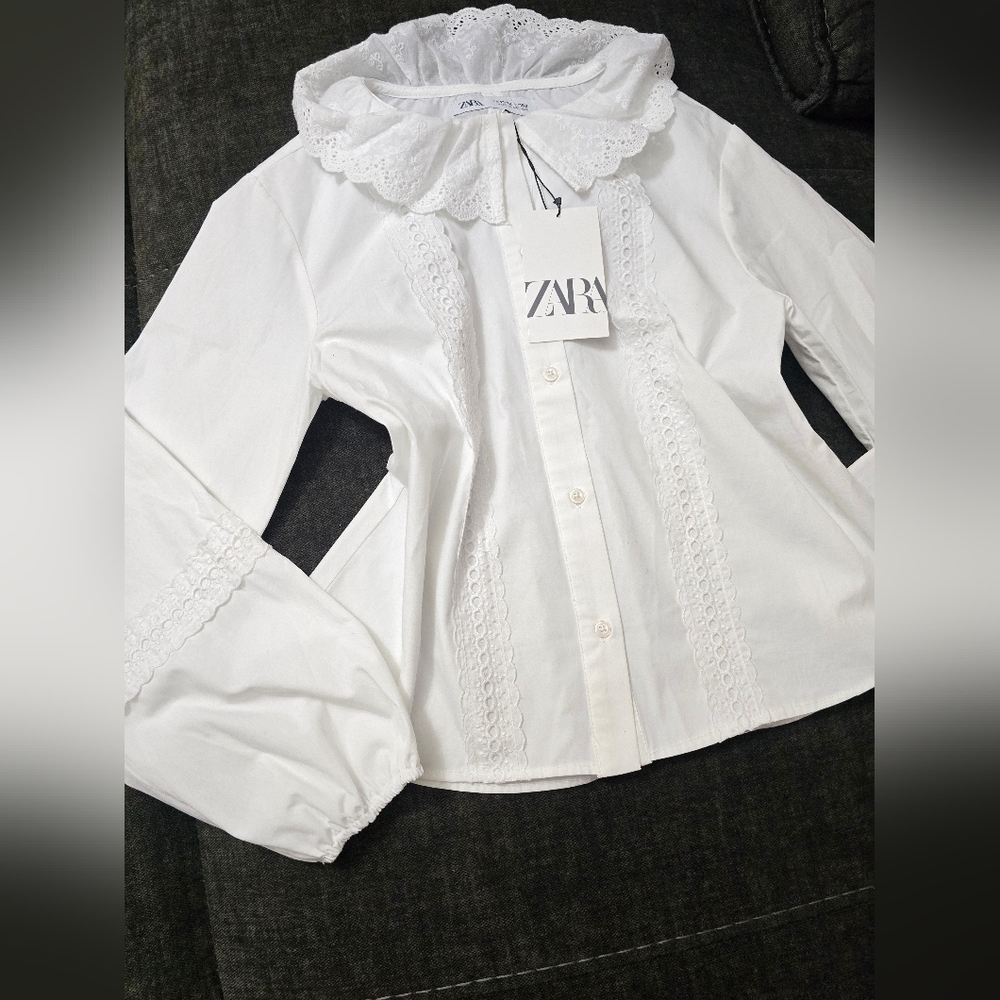 ZARA White Eyelet Lace Collar Button-Up Blouse